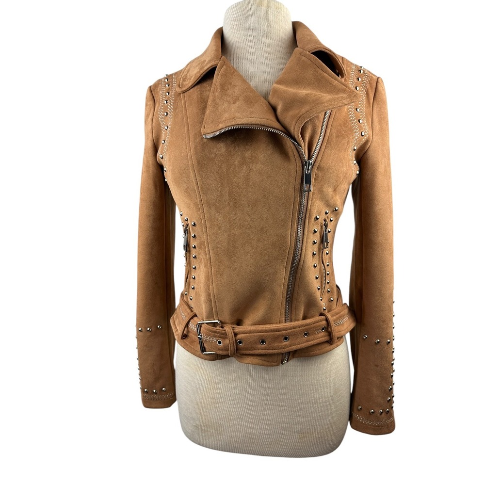 BKE Faux Suede Studded Stretch Asymmetrical Zip Moto Jacket Chestnut Brown Small - Picture 3 of 14